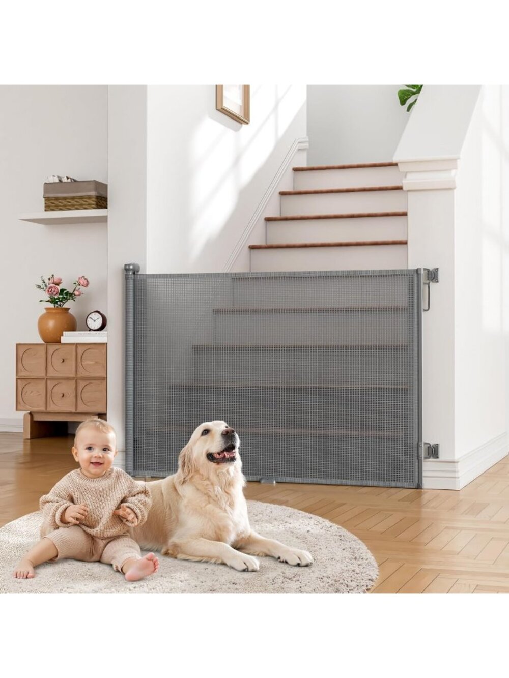 Extra Wide Retractable Baby Gate | 55" x 34" Dog Gate for Stairs & Doorways
